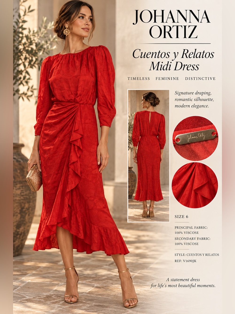 Johanna Ortiz red dress Cuentos y Relatos Red Draped Ruffle Midi Dress Size 6